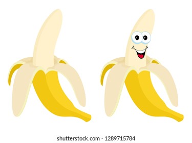 Half peeled Banana. Open Banana vector illustration on a white background. Funny cartoon character illustration.