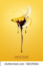 Half peeled ripe banana dipped in melting dark chocolate, fruit, fondue recipe concept, transparent, Vector