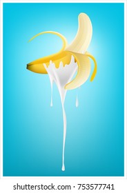 Half peeled ripe banana dipped in melting yogurt and smoothie milk, fruit, fondue recipe concept, transparent, Vector