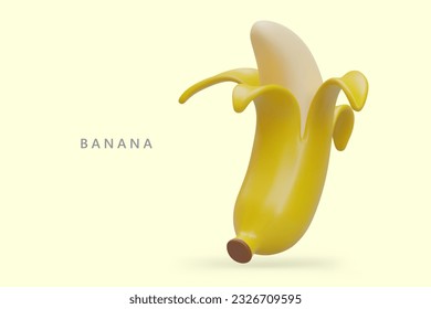 Half peeled yellow banana. Realistic sweet tropical fruit. Vegetarian low fat product. Horizontal template for web design. Color modern illustration with shadows