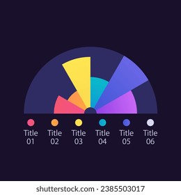 Plantilla de diseño de gráfico de infografía de media tarta para tema oscuro. Sectores económicos. Cinco rodajas. Infograma de arco editable con diferentes segmentos. Presentación de datos visuales. Multitud de tipos de letra Pro-Bold, con uso regular