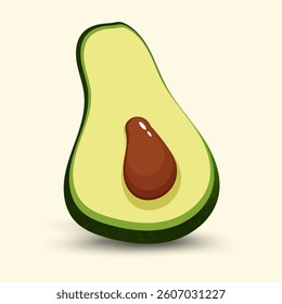 Half piece avocado with a dark green textured skin and a glowing highlight sits against a soft, neutral background and vector design