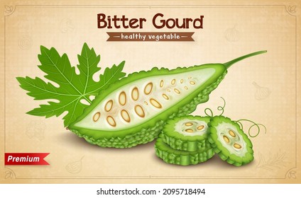 Half piece of bitter gourd vector illustration with bitter gourd slices on brown background