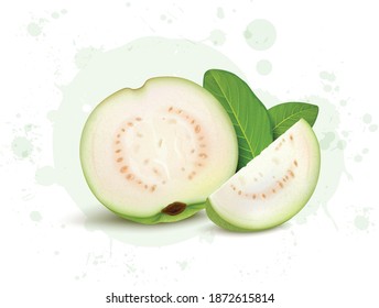 Half Piece Of Guava With Guava Slice And Green Leaves