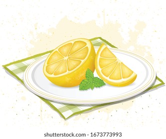 half piece of lemon vector illustration with min leaves