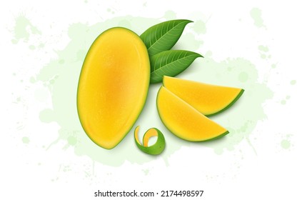 Mitad de la ilustración del vector del mango con rodajas de mango y hojas verdes