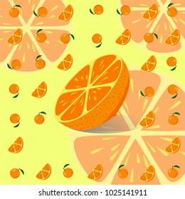 
a half piece of orange in the middle and shaded surrounded by a small piece of orange on an orange background with a large transparent orange piece spread in the background design vector llustration