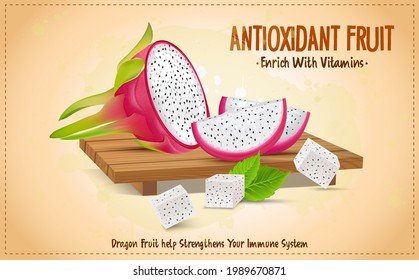 Half Piece Of Red Dragon Fruit With Slices Vector Illustration