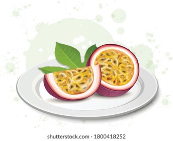 half piece and slice of passion fruit vector illustration
