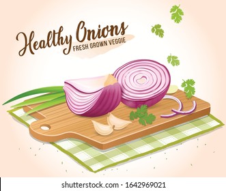 Half Pieces of Red Onion vegetable  with green leaves on a wooden chopping board