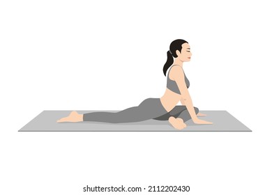 Half Pigeon Pose. Beautiful girl practice Ardha Kapotasana. Young attractive woman practicing yoga exercise. working out, black wearing sportswear, grey pants and top, indoor full length, calmness