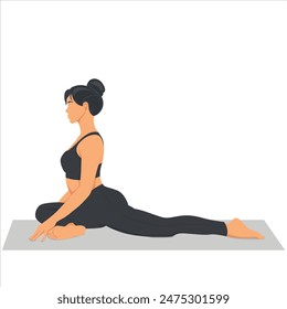 Half Pigeon Pose. Yogi girl performing physical activity isolated on light background. Flat vector illustration.