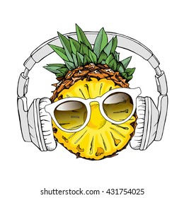 Half Pineapple fruit in a glasses and with headphones. Vector illustration.