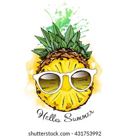 Half Pineapple fruit in a glasses. Vector illustration.