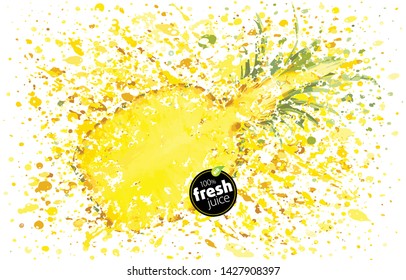 Media piña con un jugo fresco. Explotación de ananas tropicales y salpicaduras de jugosos frutos maduros. Fondo blanco, ilustración EPS