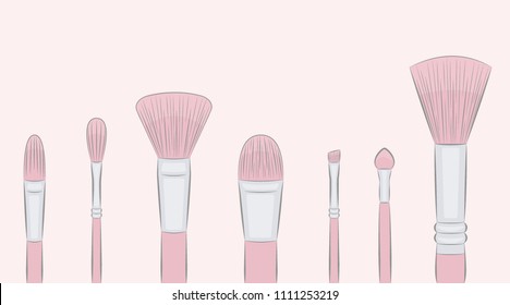 Half pink make up brushes on pastel background. Vector banner design. Concept for beauty salon, cosmetics label, cosmetology, visage. Makeup brushes kit. Hand drawn vector illustration set 