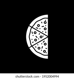 Half of pizza dark mode glyph icon. Slices for eating. Fast food delivery. Eating unhealthy dinner. Meal for dining. White silhouette symbol on black space. Vector isolated illustration