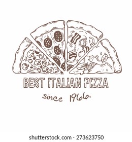 Half of pizza with different slices. Hand drawn food. Sketched vector illustration