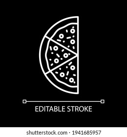 Half of pizza white linear icon for dark theme. Slices for eating. Fast food. Unhealthy dinner. Thin line customizable illustration. Isolated vector contour symbol for night mode. Editable stroke