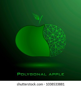 Half a polygonal green apple with a poly leaf, a cyber line. Vector illustration.