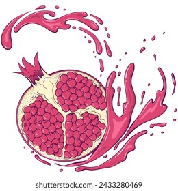 Half pomegranate with grains with juice splash. Liquid drops. Vector illustration in hand drawn cartoon style. Close up summer fruit ingredient for fresh juice isolated on white