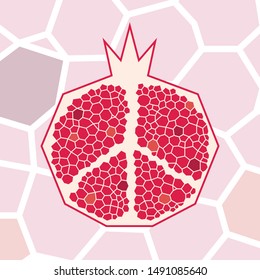 Half Pomegranate with seeds and Pacific symbol in geometric style