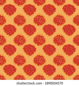 Half pomegranate servings seamless vector pattern. Vibrant fruity surface print design for fabrics, stationery, scrapbook paper, gift wrap, home decor, wallpaper, backgrounds, textiles, and packaging.