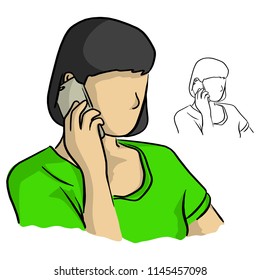 half portrait woman using mobile phone vector illustration sketch doodle hand drawn with black lines isolated on white background