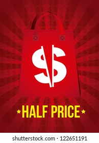 half price announcement over red background. vector illustration