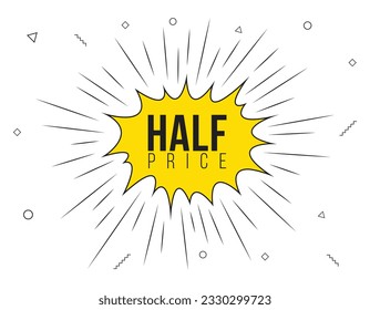 Half price announcement speech bubble with megaphone, Half price text speech bubble vector illustration.