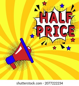 Halbpreis im Comic Pop Art Stil. Comic Buch Explosion mit Text Halbpreis. Vektorhelle Cartoon-Illustration im Retro-Pop-Art-Stil. 