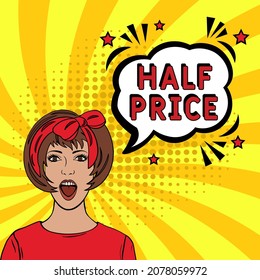 Half Price in comic pop art style. Comic book explosion with text Half Price. Vector bright cartoon illustration in retro pop art style. 