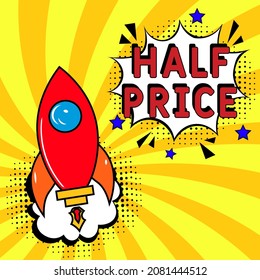 Half Price in comic pop art style. Comic book explosion with text Half Price. Vector bright cartoon illustration in retro pop art style. 