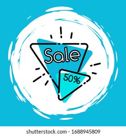 Half Price Discount, Blue Painted Sale Label Isolated. Vector Illustration Of 50 Percent Off Sale, Abstract Geometric Circle And Round Brush Strokes. Advertisement Tag, Best Offer Half Price Discount