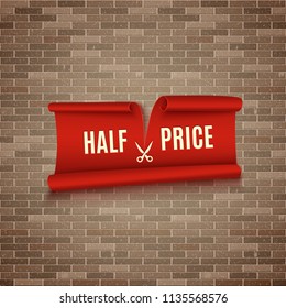 Half price discount, red realistic ribbon, advertisement, big sale, vector illustration