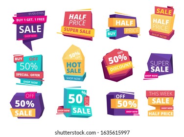 Half price emblem. Mega sale promotional advertizing badges special offers event tags vector set