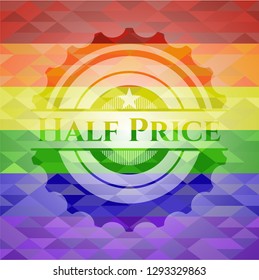 Half Price emblem on mosaic background with the colors of the LGBT flag