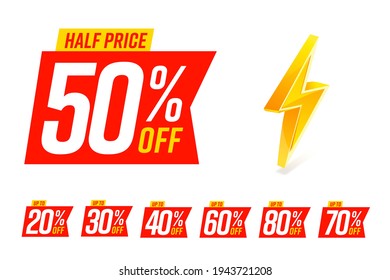 Half price label 50 percent and other clearance value sale. 20, 30, 40, 60, 80, 70 percentage sell-off red badge set with flash lightning vector illustration isolated on white background