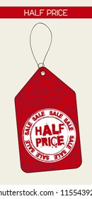 half price label over beige background. vector illustration