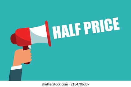 Half Price label. Speech bubbles with megaphone icon. Advertising sticker.