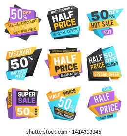 Half price labels. Super 50 off discount sale pricing tags. Vector set