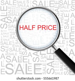 Half Price. Magnifying glass over seamless background with different association terms. Business Concept.