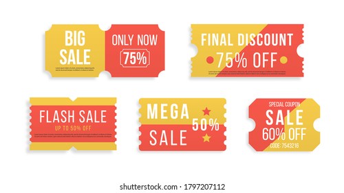 Half price offer, big super sale coupon discount on white background. Premium special price offers sale coupon or best promo retail pricing vouchers. Set of red tickets and labels. Vector illustration