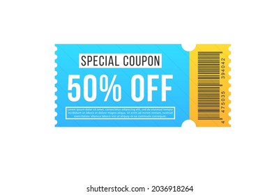 Half price offer, promo code gift voucher and coupons template. Vintage cinema ticket concert and festival event, movie theater coupon. Big sale and super sale coupon discount. Vector illustration.