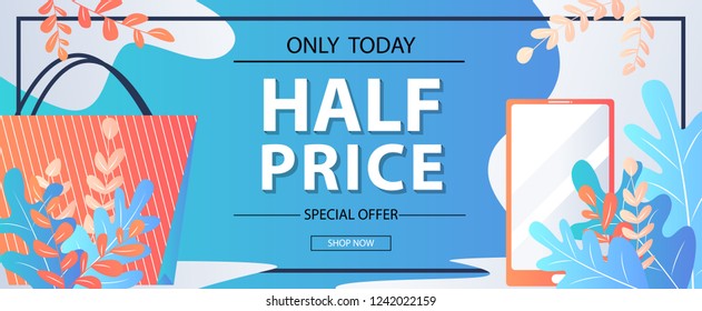 Half price only today shop now. Modern flat design concept of web page design for website and mobile website development. Vector illustration