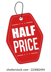 Half price red leather label or price tag on white background, vector illustration
