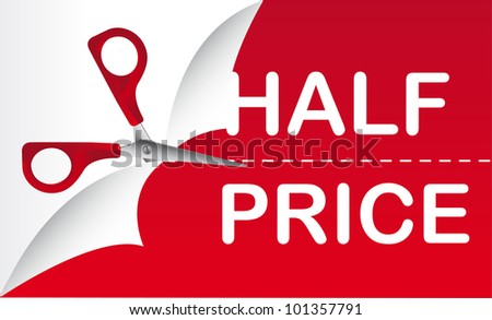 half price with red scissor, background. vector illustration