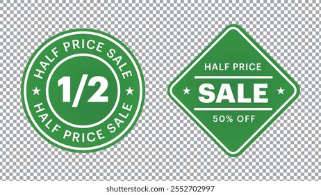 Half Price Sale Badge Two Sets in Green Color, Sale Label,  Sale Banner, Sticker, Vector Illusatration