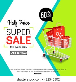 Half price sale banner with shopping carts. Vector illustration.