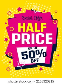 Half price sale banner template. Special offer with up to 50 percent price off vector illustration